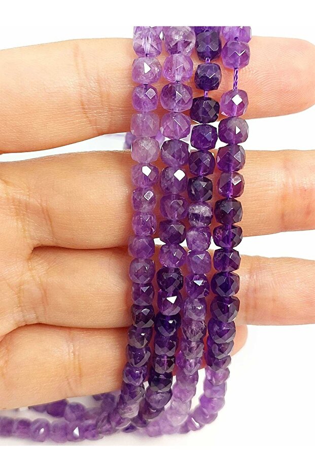 Bracelet Size Amethyst Stone Cube Shaped Faceted Cut Half Strand 5mm (45314) (18CM LONG)