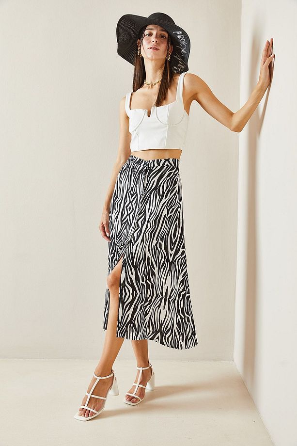 Siyah Zebra Desenli Düğmeli Midi Etek 5YXK7-48825-02 - 5