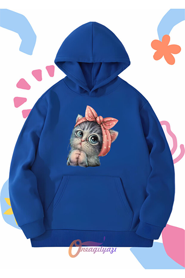 Children's Unisex Cute Cat Printed Oversize Hooded Sweatshirt