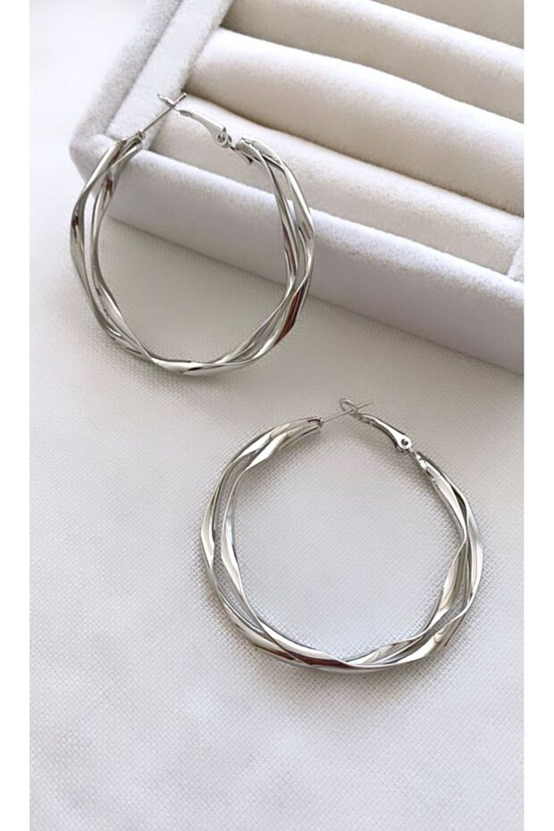 Steel Curved Model Double Look Hoop Earrings (5 cm)