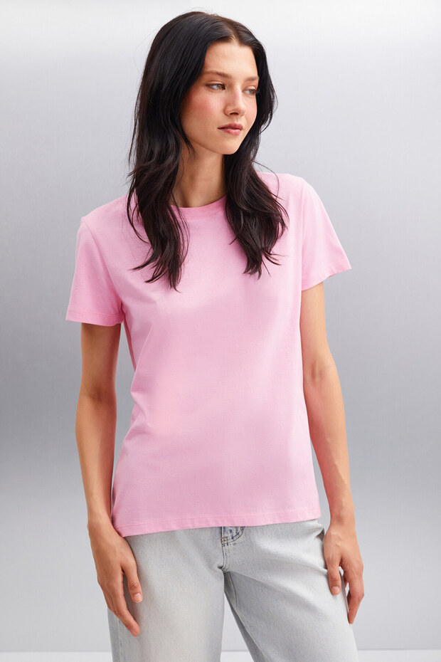 Samantha Women's 100% Organic Cotton Comfort Fit Long Back Basic Knitted Pink T-Shirt