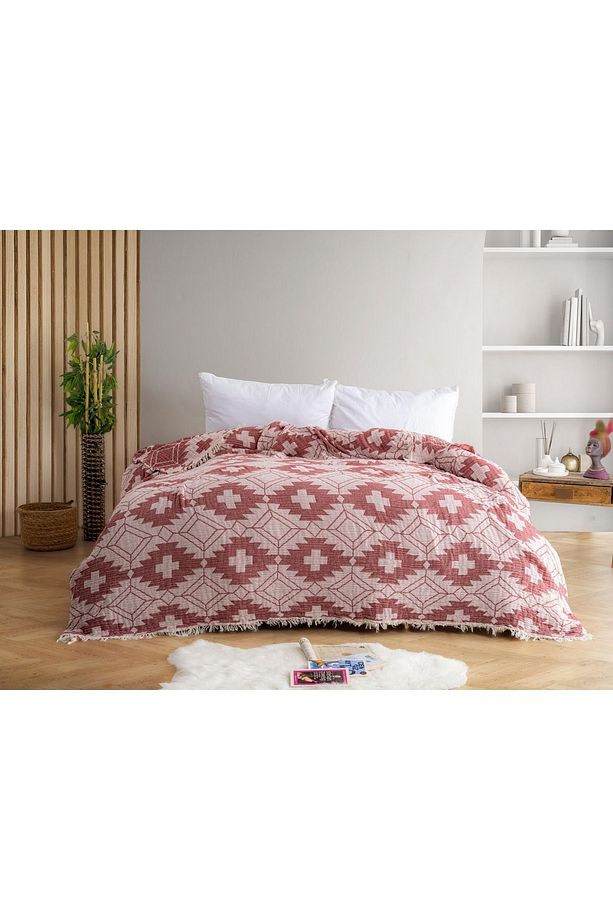 4 Kat Müslin Yatak Örtüsü Pike, %100 Pamuk, Yumuşak Doku, Kilim Desen, Çift Kişilik Pike - 1