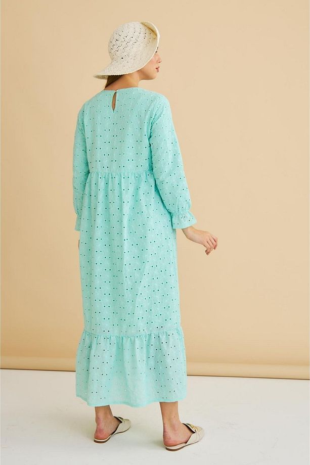 Hesna Taş Işlemeli Eteği Fırfırlı Oversize Mint Brode Elbise - 7