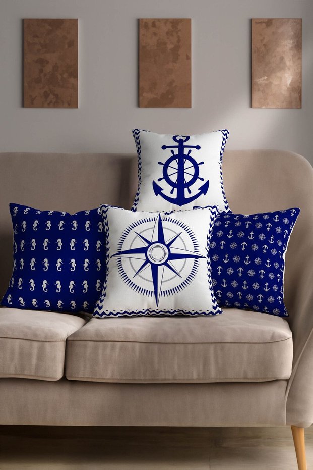 Blue Color Marine Patterned Anchor and Compass Digital Printed Decorative Set of 4 Throw Pillow Pillowcases