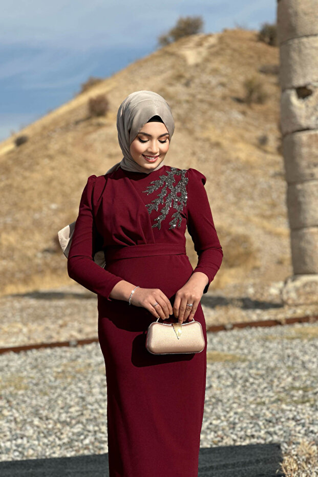 Orkide Abiye - Bordo - 1