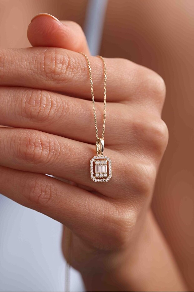 14 Ayar Altın Taşlı Sarı Altın Baget Kolye - 1