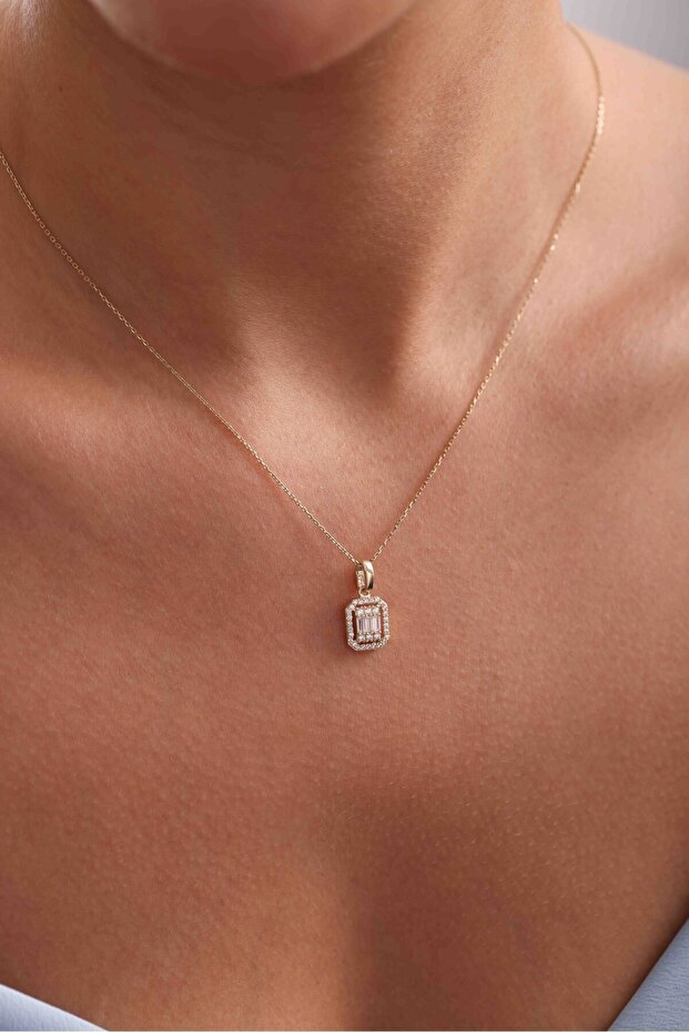 14 Ayar Altın Taşlı Sarı Altın Baget Kolye - 3