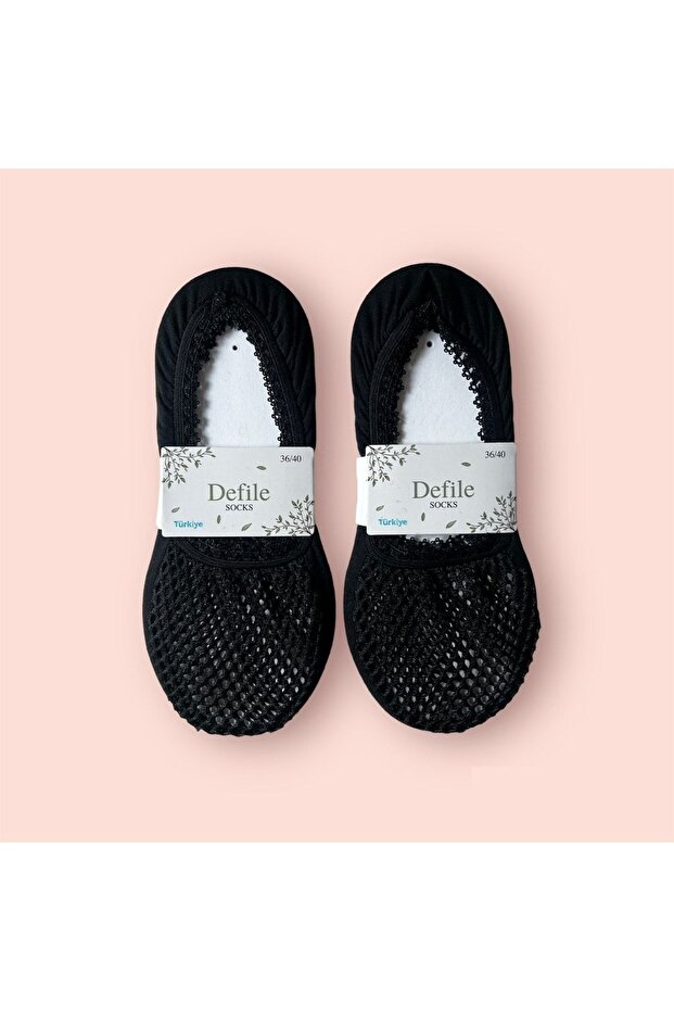 Women's Black Mesh Patterned Ballerina Socks 2 Pieces