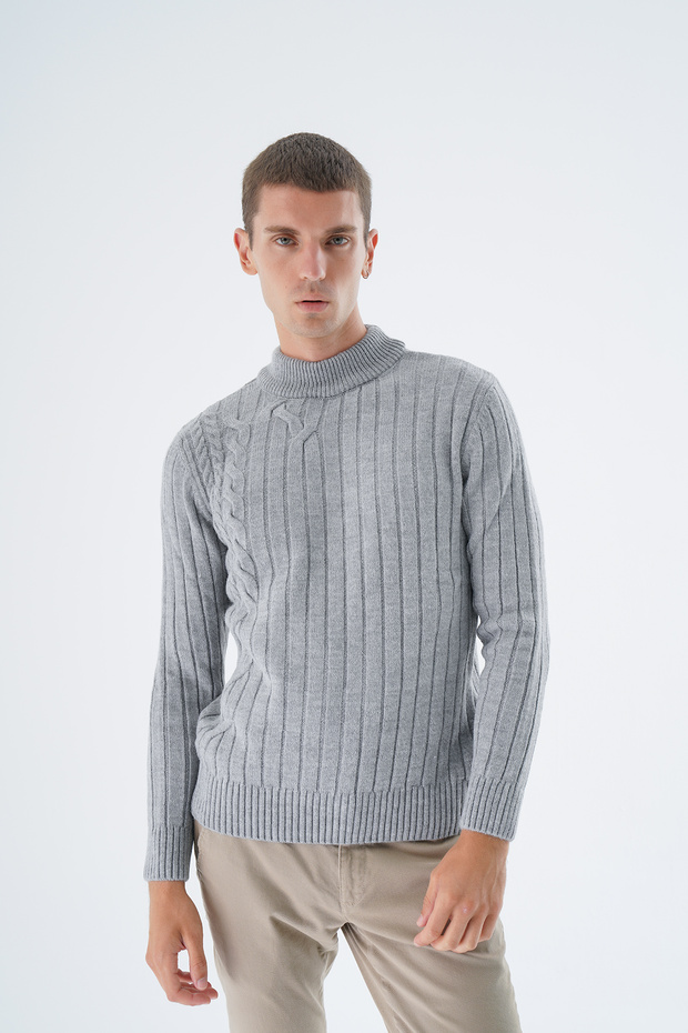 Men's Gray Half Fisherman Hair Braided Back Sleeve Ribbed Wool Knitwear Knitted Sweater Trist-5328
