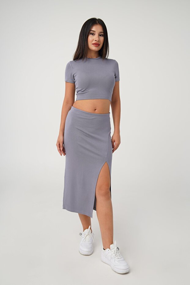 Slit Skirt Crop Basic Gray Double Set - 2