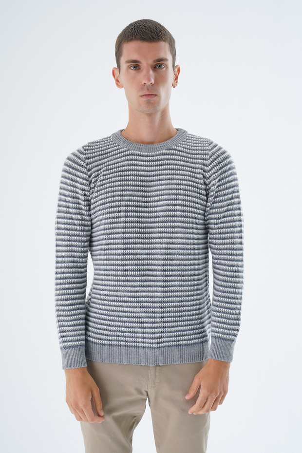 Men's Gray Crew Neck Brass Thessaloniki Nopen Striped 4-Color Wool Knitwear Knitted Sweater