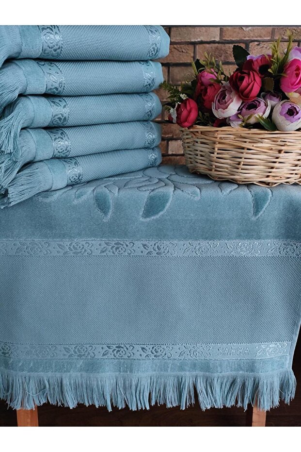 50X90Cm Sarra 6-Piece Fringed Etamine Towel - Petrol Blue