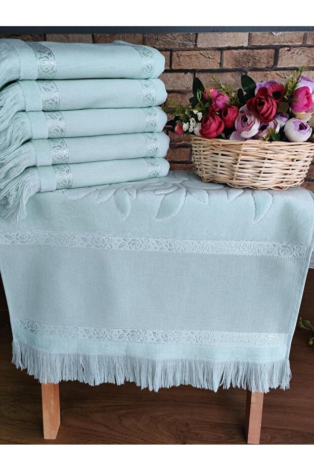 50X90Cm Sarra 6-Piece Fringed Etamine Towel - Water Green