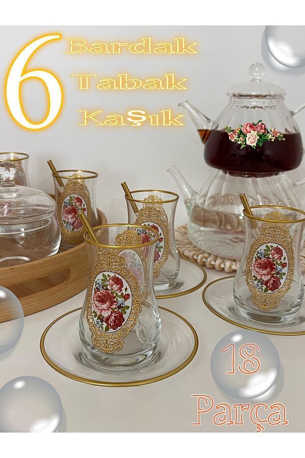 Altın Nostaljik Gül Desenli Model Cam Bardak Tabak 6 Kişilik Çay Seti - 7