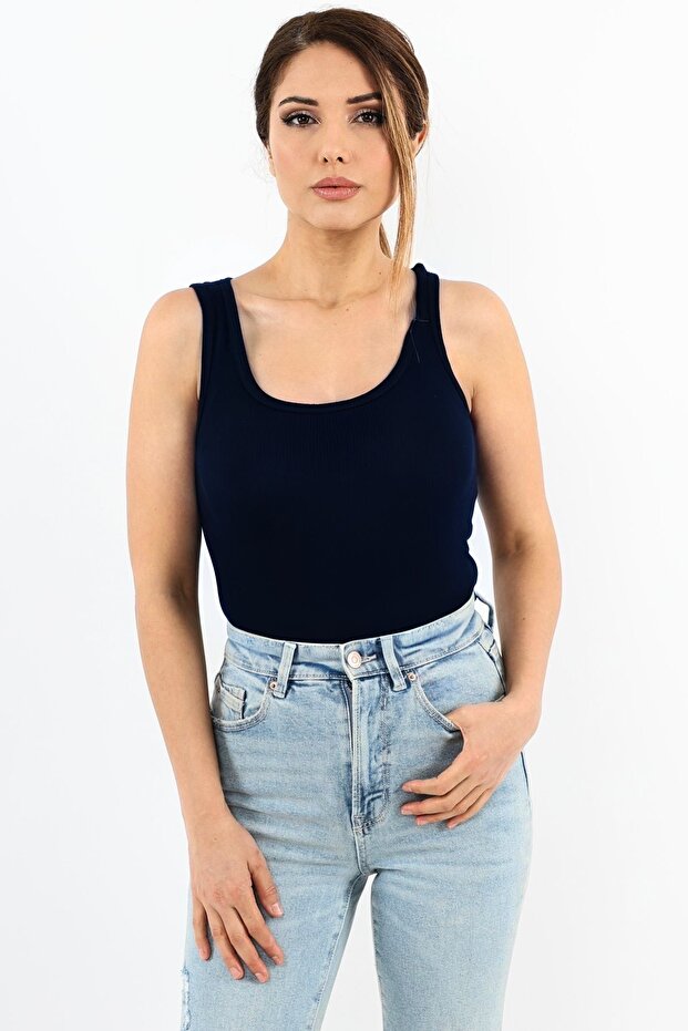 Women's Dark Blue Corded Tank Top - Basic Knitted with Thick Straps