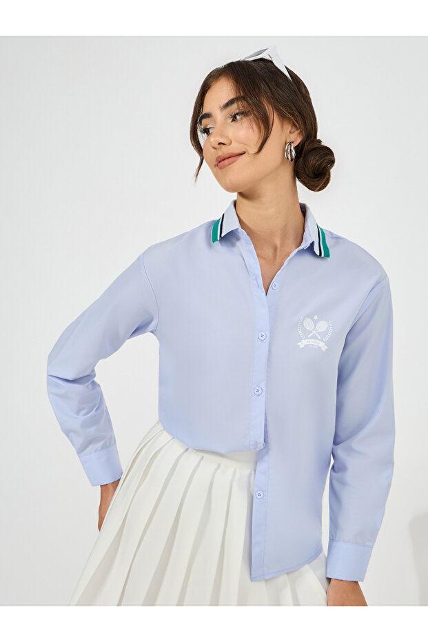 Ribbed Collar Shirt with Minimal Print