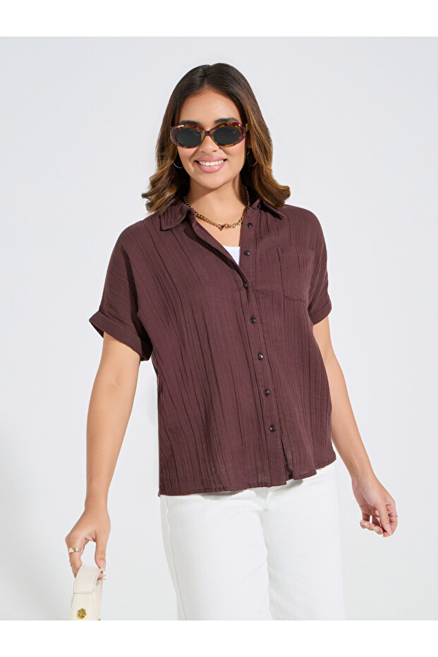 Cotton Gauze Textured Shirt with Turn-Up Sleeves
