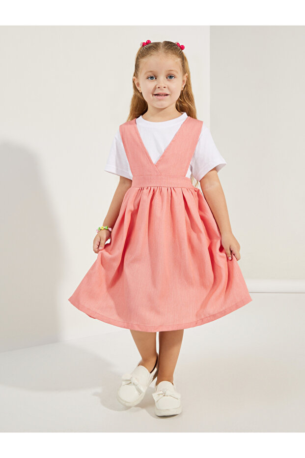 Solid V Neck Pinafore Dress - 1