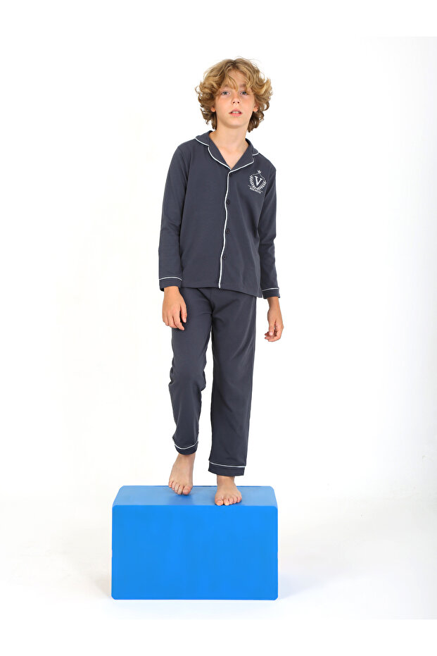 Boy's Pajama Set - Long Sleeve, Buttoned, Solid Vip Anthracite - 2