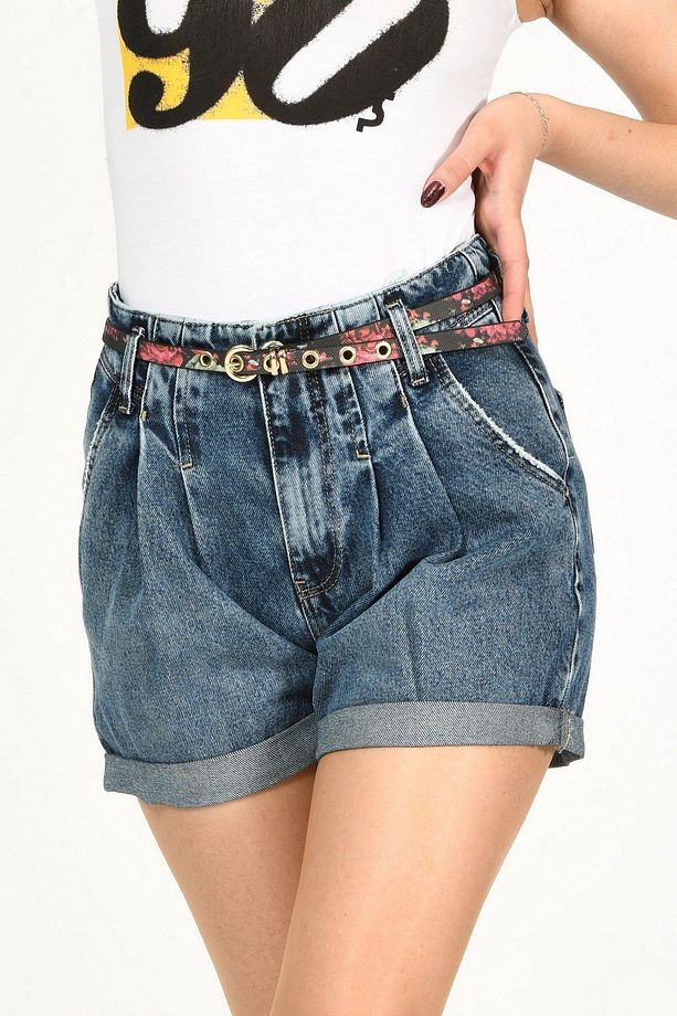 Whatsup Duble Paça Yüksek Bel Denim Şort - 5