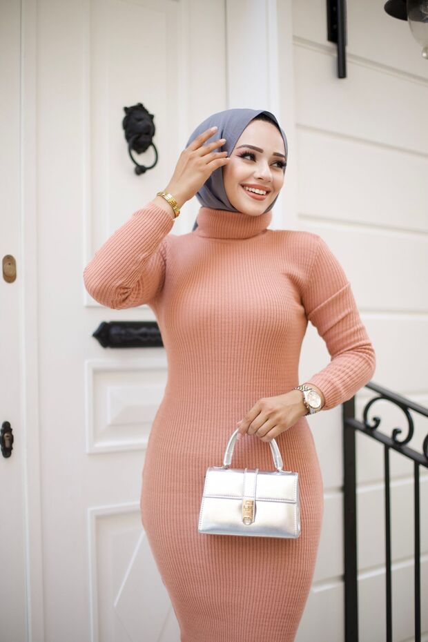 Women's Dress Hijab Clothing Turtleneck and Slim Fit Knitwear Pencil Dress