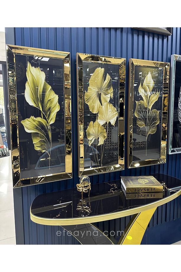 YAPRAK- 3'LÜ GOLD AYNA TABLO SETİ-40x90cm  (40x90cm  x 3adet tablo ) - 2