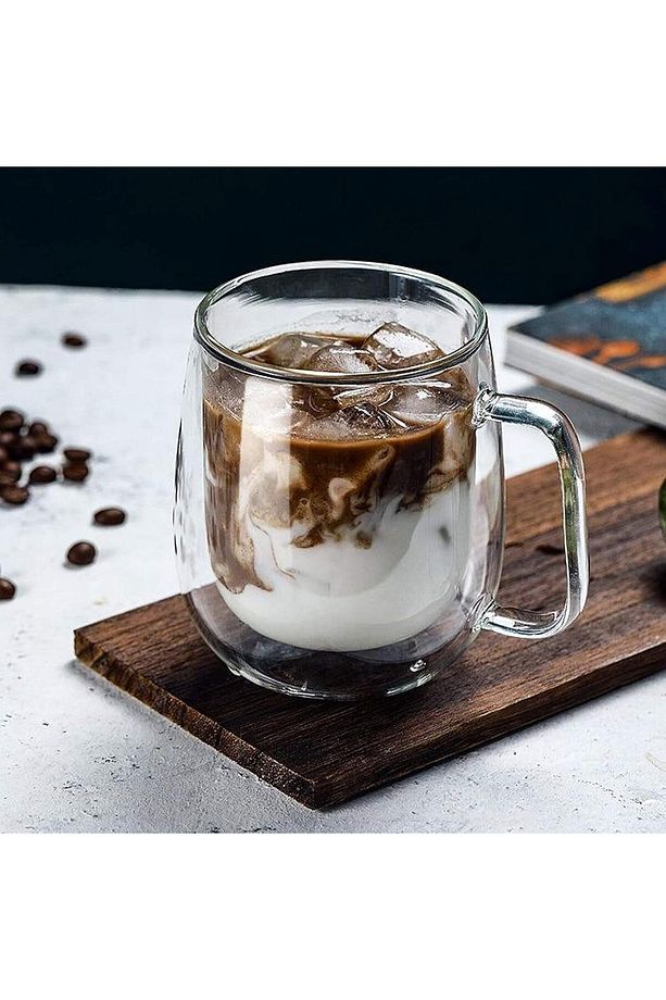4 Adet Çift Cidarlı 250 Ml Kulplu Cam Çay Kahve Süt Kupa,  Borosilikat Bardak - 4