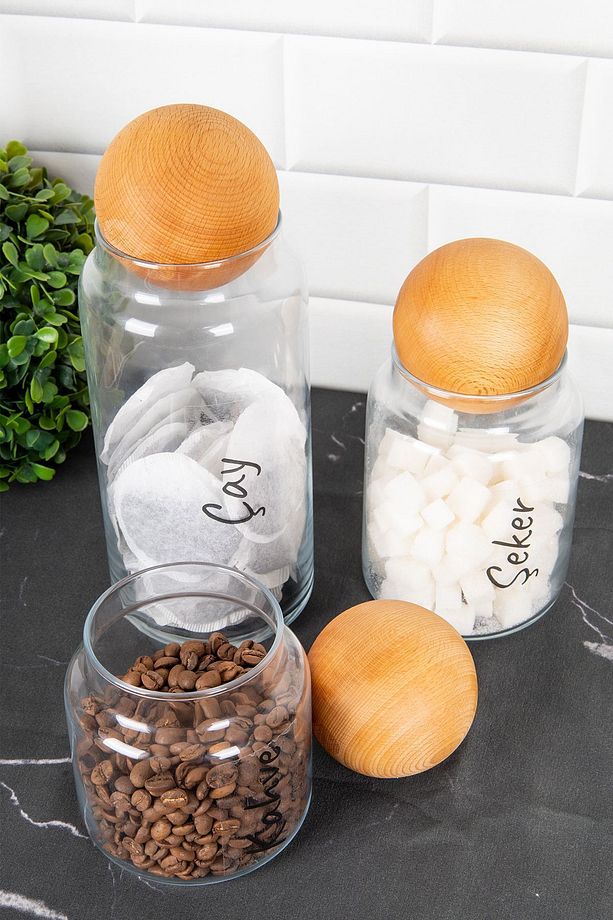 3'lü Ahşap Top Kapaklı Şeffaf Etiketli 1300 ml-800 ml-500 ml Cam Kavanoz Seti Saklama Kabı - 2