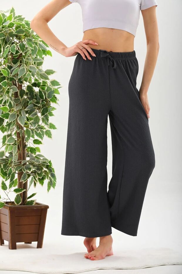 Women's Large Size Seersucker Elastic Waist Wide Leg Pants Oversize Summer
