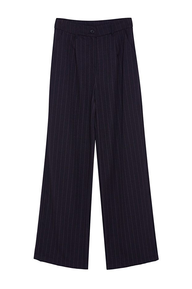 Lacivert Yüksek Bel Wide Leg/Geniş Paça Çizgili Dokuma Pantolon TWOSS22PL0100 - 7