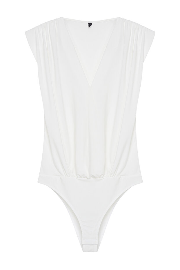 Beyaz Vatkalı Kruvaze Yaka Esnek Çıtçıtlı Örme Örme Body TWOSS23BD00007 - 6