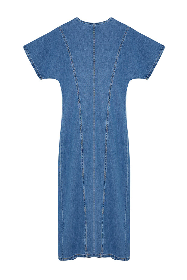 Mavi Dikiş Detaylı V Yaka Maxi Denim Elbise TWOAW25EL00088 - 7
