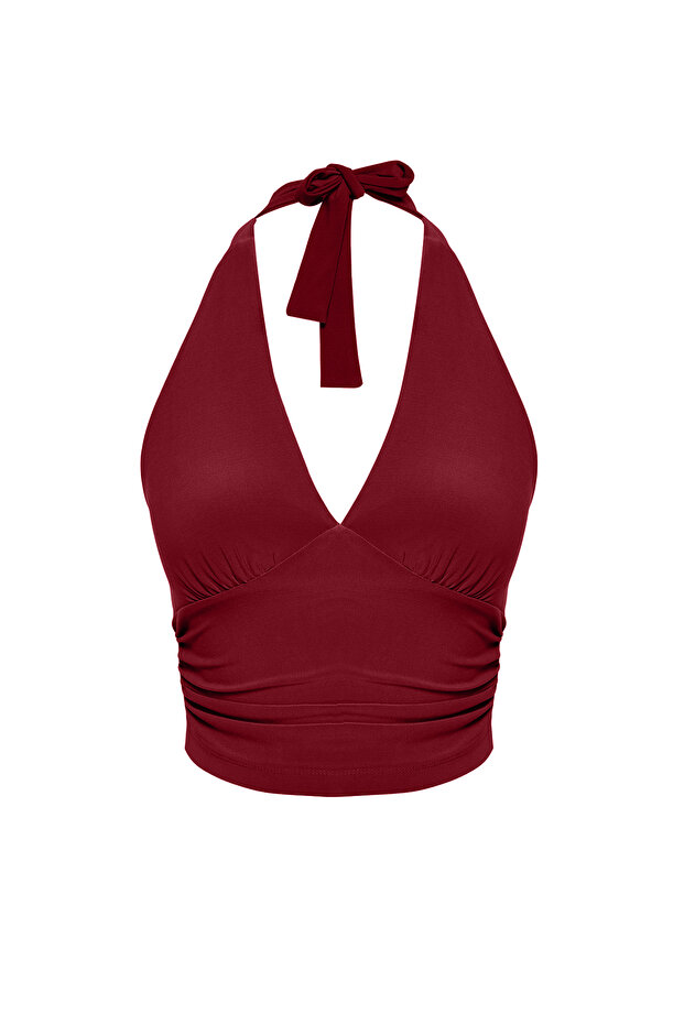 Bordo Boyundan Bağlamalı Vücuda Oturan Esnek Örme Bluz TWOSS24BZ00061 - 6