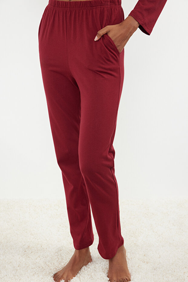 Bordo %100 Pamuklu Penguen Baskılı Örme Pijama Takımı THMAW23PT00151 - 4