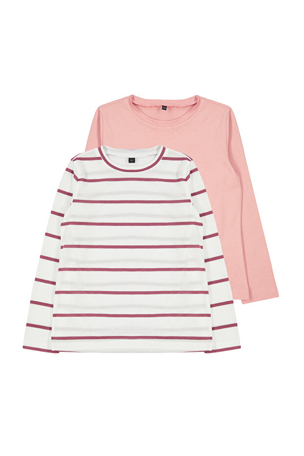 Pembe Çizgili-Pembe 2'li Pamuklu Regular Düz/Basic Uzun Kol Kız Çocuk Örme T-Shirt TKDAW25TS00000 - 3