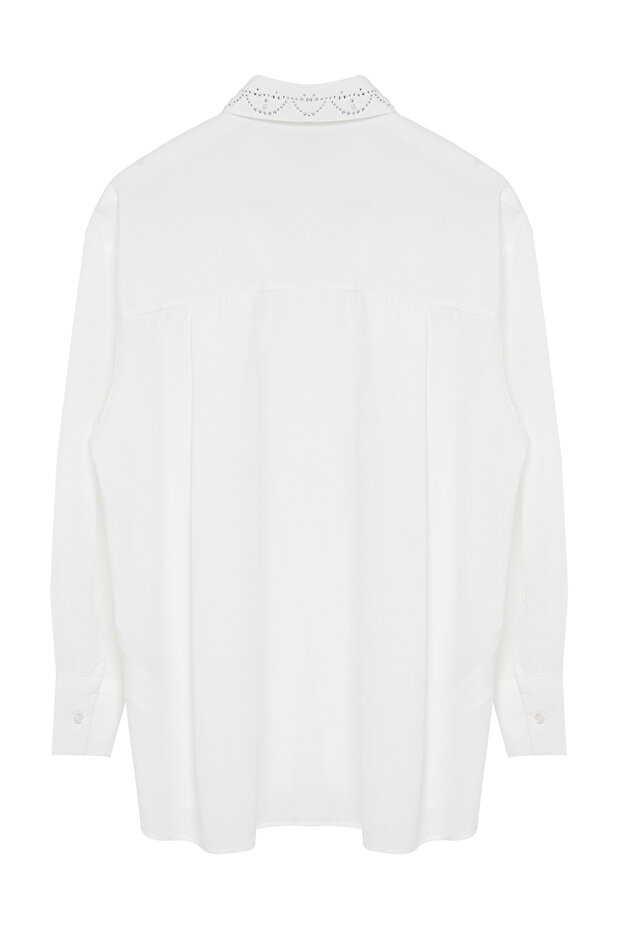 Ekru Yakada Şerit Taş Detaylı Oversize / Geniş Kalıp Dokuma Gömlek TWOAW25GO00026 - 7