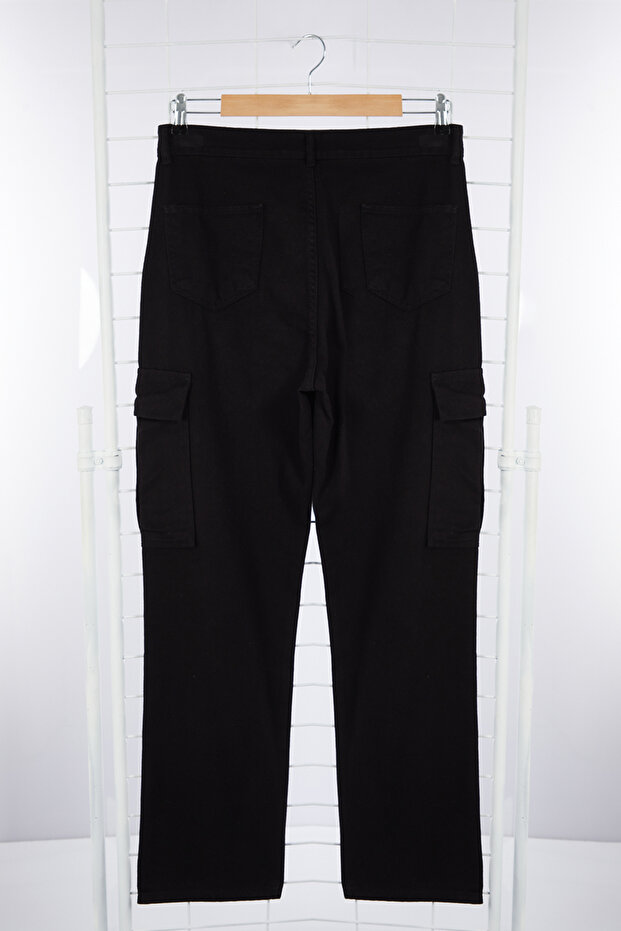 Siyah Kargo Cepli Baggy Kalıp %100 Pamuklu Gabardin Rahat Pantolon TMNSS24PL00021 - 7