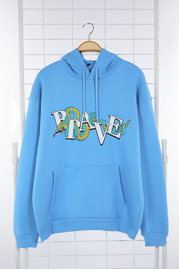 Mavi Oversize/Geniş Kesim Kapüşonlu Kabaran Baskılı İçi Polar/Sıcak Tutan Sweatshirt TMNAW25SW00037 - 6