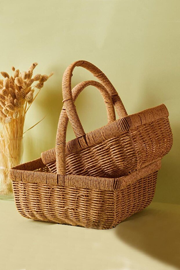 2 Li Kulplu Plastik Hasır Örme Sepet Takımı - 1