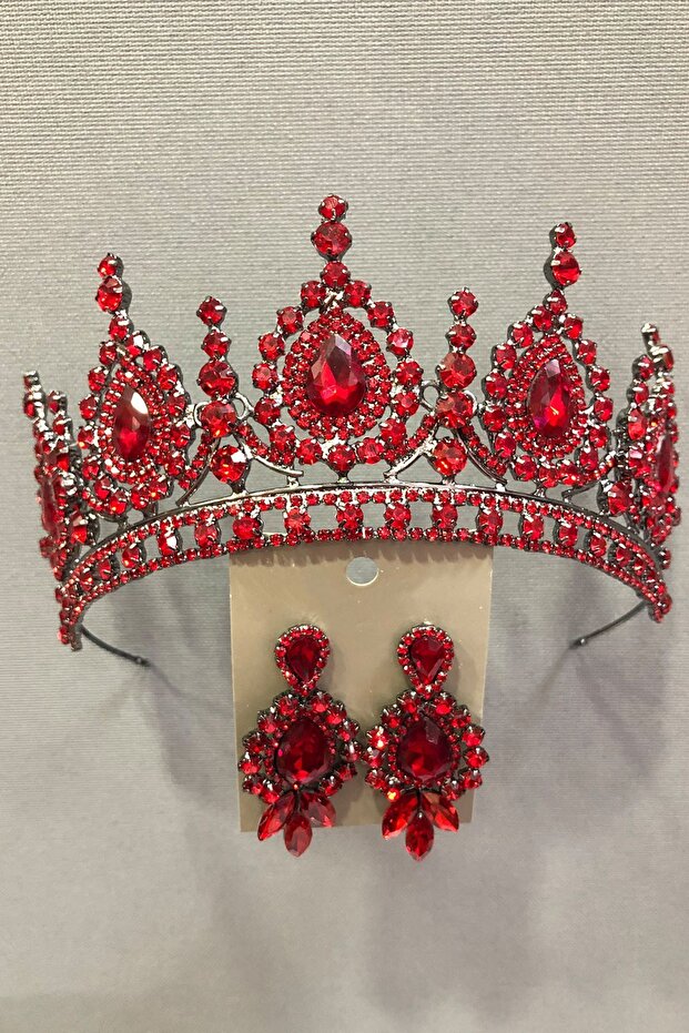 Ahu Vivid Red Bridal, Henna Crown and Earring Set