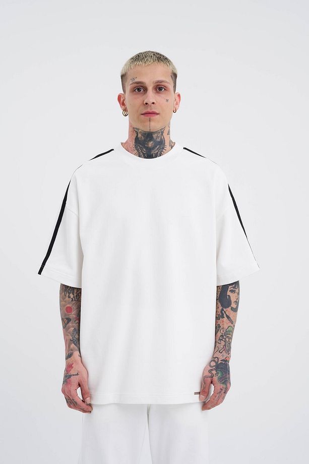 Erkek Striped Sleeves Basic Oversize Ekru Takım - 1