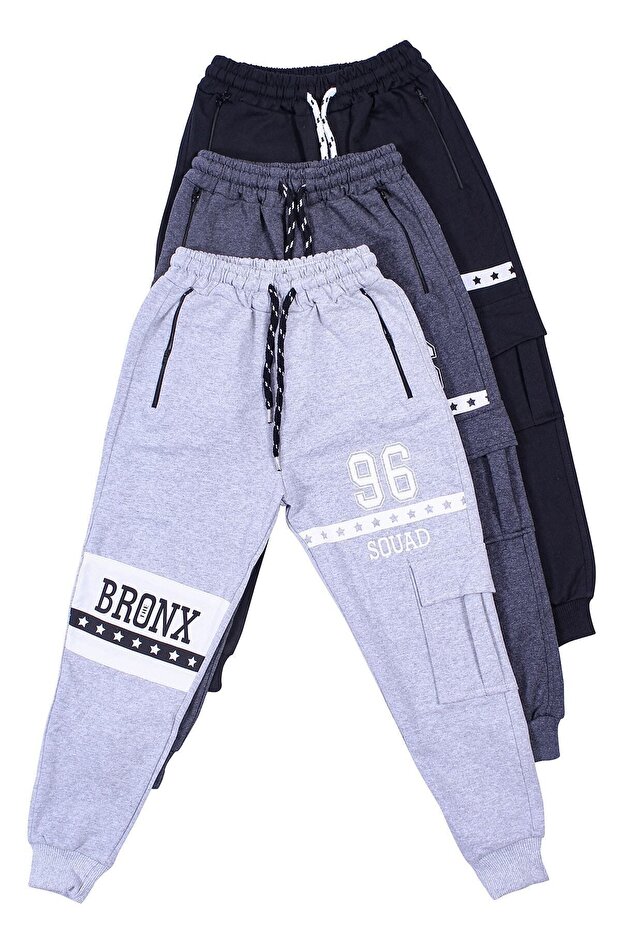 3-Piece Gray-smoked-black, Cargo Pocket, Text Printed Boys' Sweatpants
