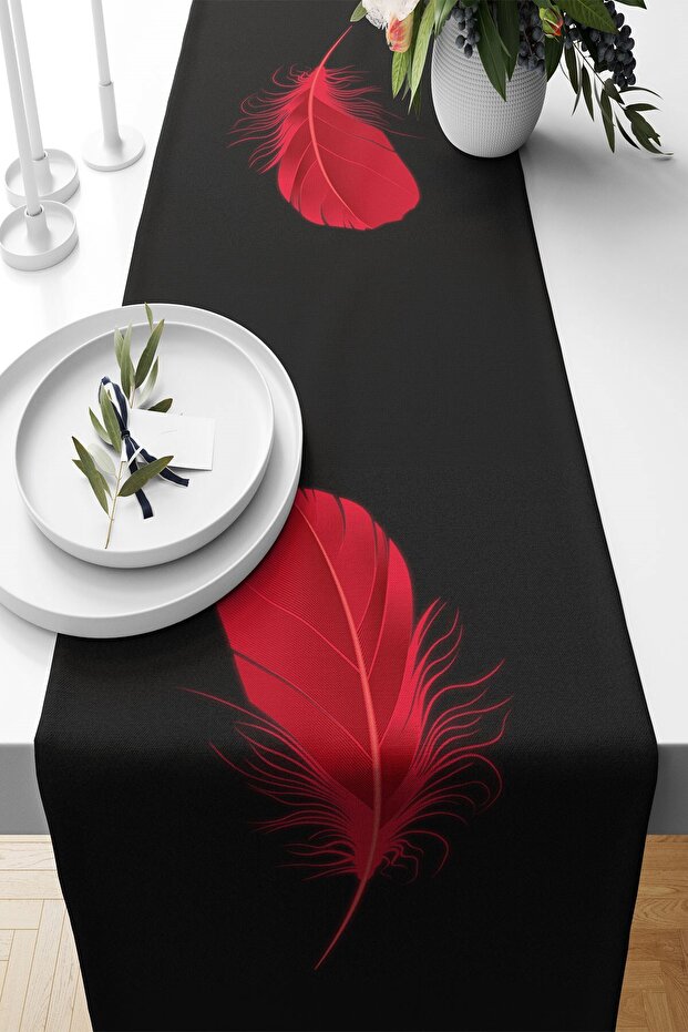 Black Red Feather Pattern - Non-Slip Fabric Living Room Kitchen Table Runner