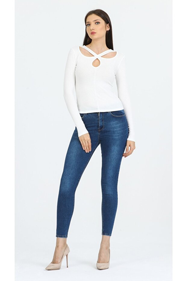 Off-White Long Sleeve Blouse with Drop Cut Detail
