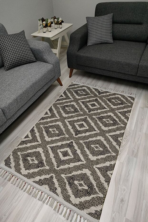 Cotton Series Gray Tones Authentic Triangle Pattern Decorative Woven Base Rug