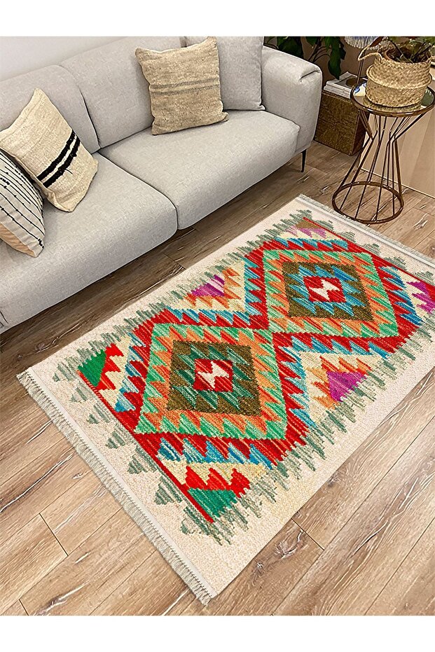 Cotton Series Authentic Antique Geometric Pattern Decorative Woven Base Rug in Multy Shades
