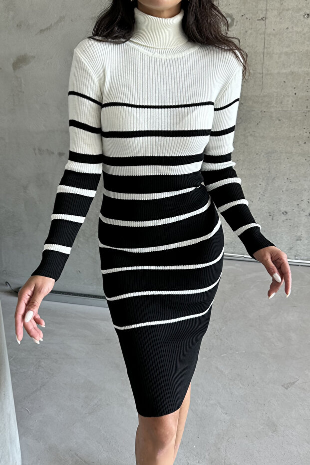 Women's Black and White Striped Long Tirko Dress