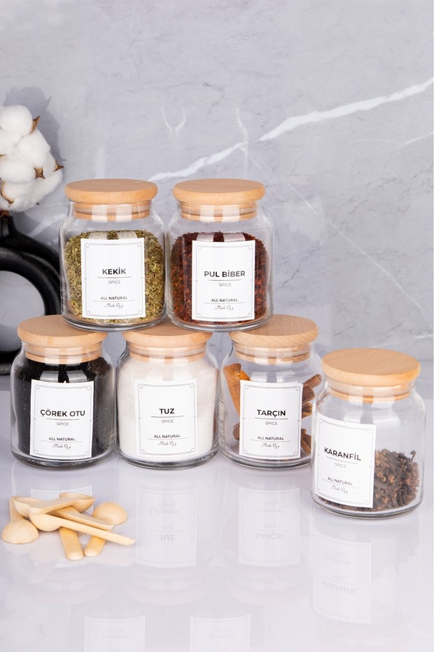 6-Piece Luxury Spice Jar Set with Wooden Lids and Spoons, Vacuum Labeled Jars with Lids