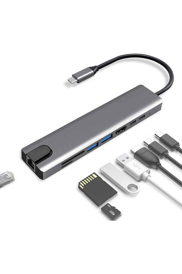 Usb Type-c Hub Dönüştürücü Çevirici Çoklayıcı Usb Hdmı Micro Sd TF PD RJ45 8 Girişli - 1