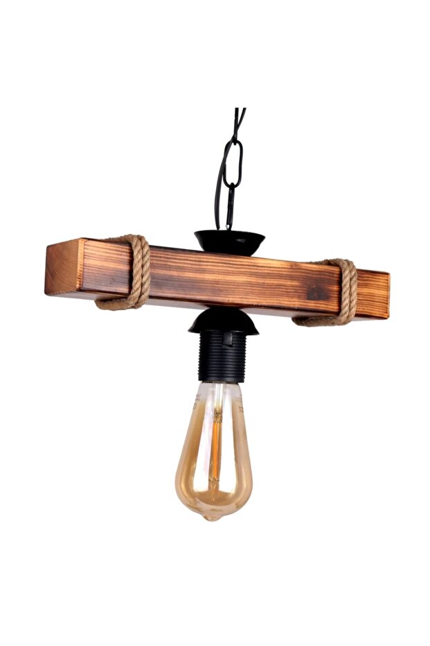 Dekoratif Ahşap Avize Halatlı Tekli Camsız - 1